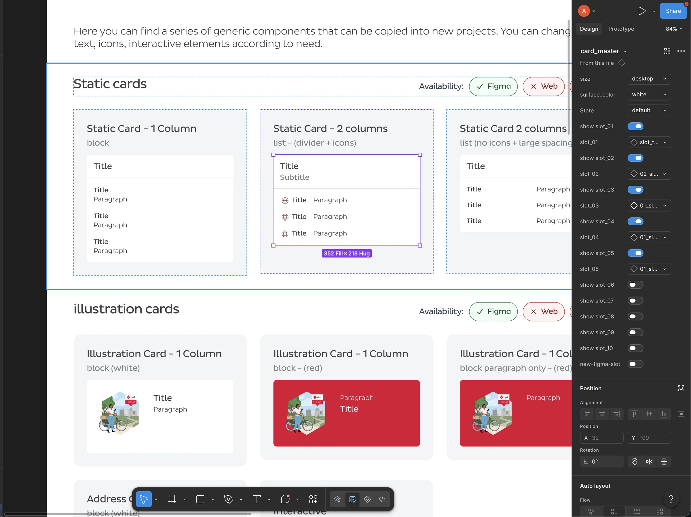 Figma variables panel showing the slot properties on the card component