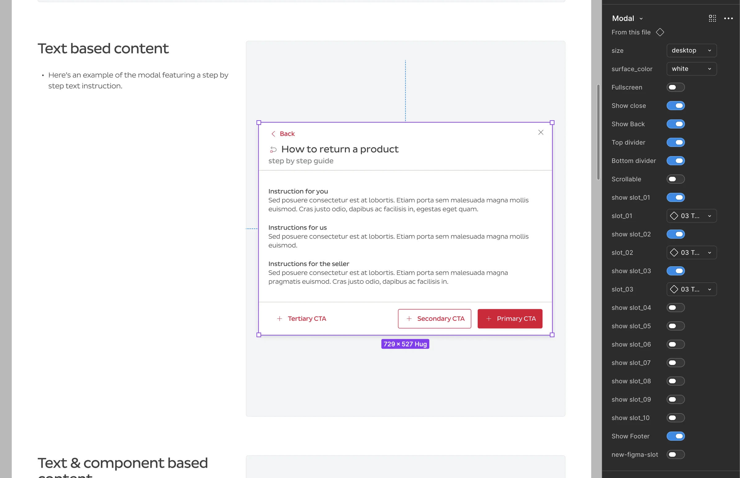 Figma property panel for the Modal component