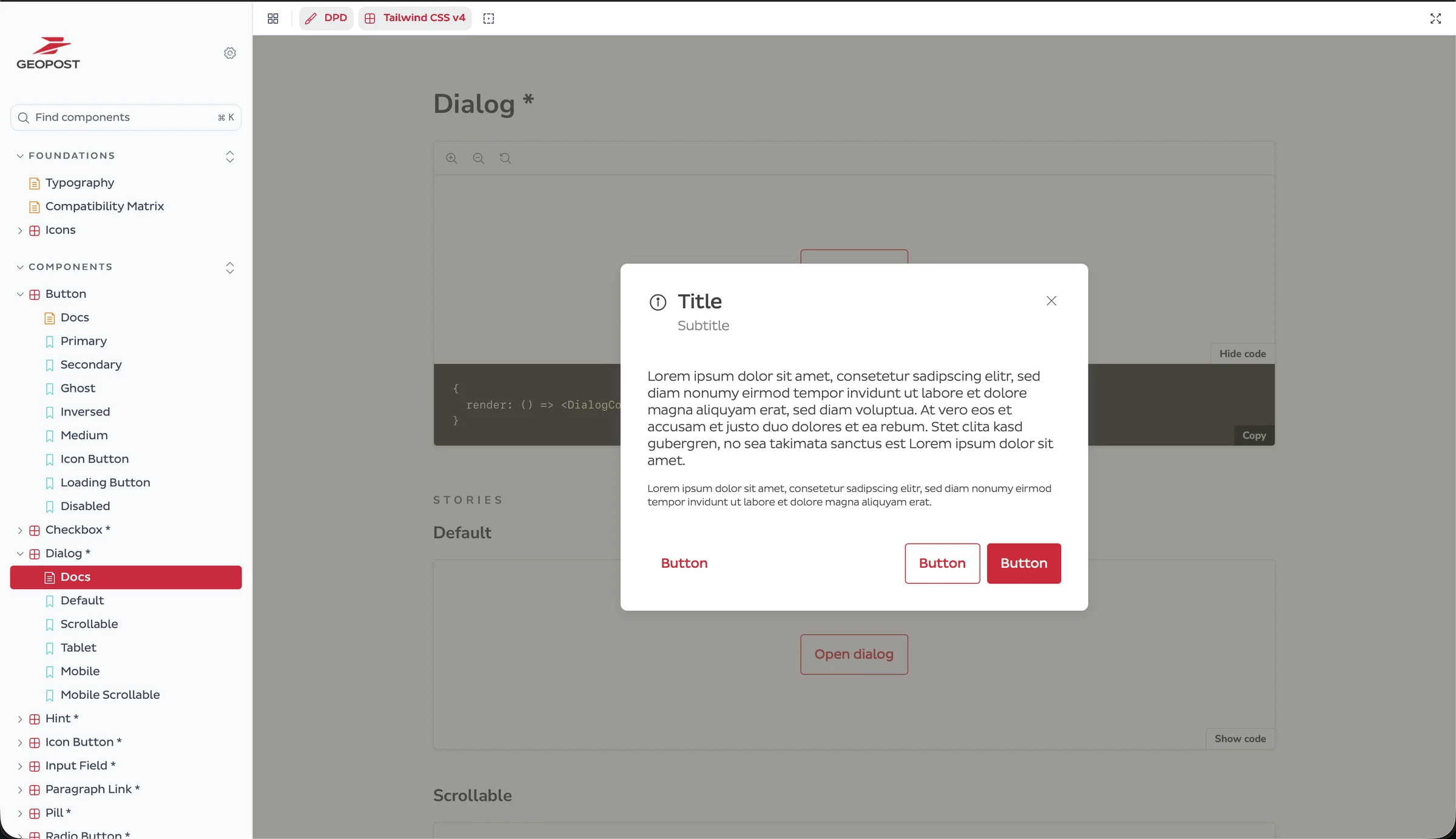 The Modal rendered in Storybook using Tailwind CSS v4