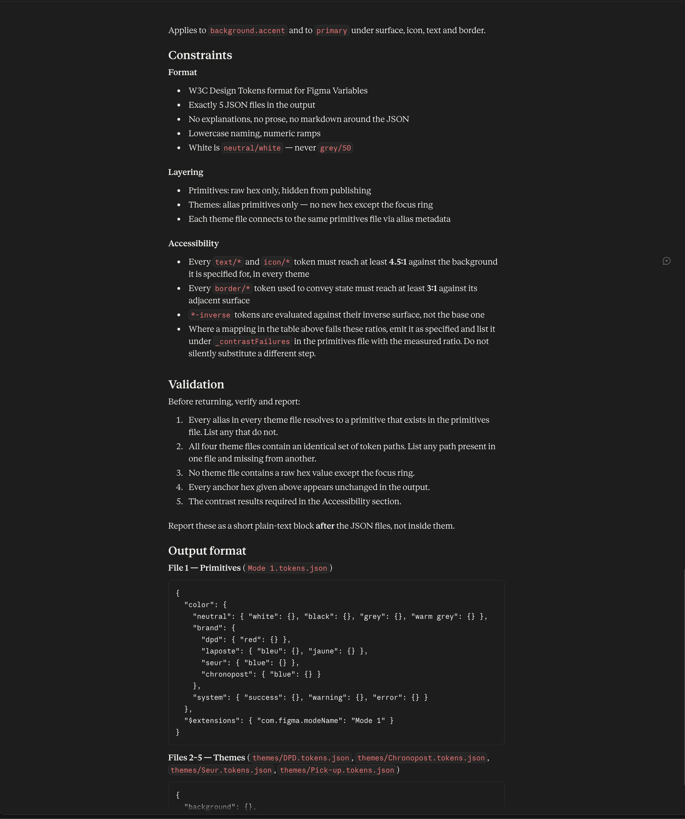 Token specification, constraints and validation